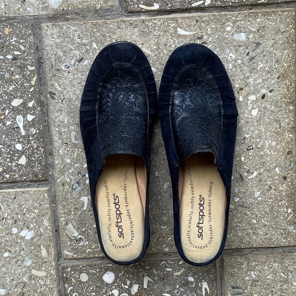 Softspots Shoes Dark Blue Leather Slide Mules Clogs Size 8N Narrow - Picture 2 of 8